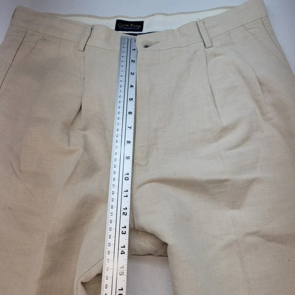 Club Room Pleated Trousers Mens 38x34 Beige Linen Cotton Cuffed Straight